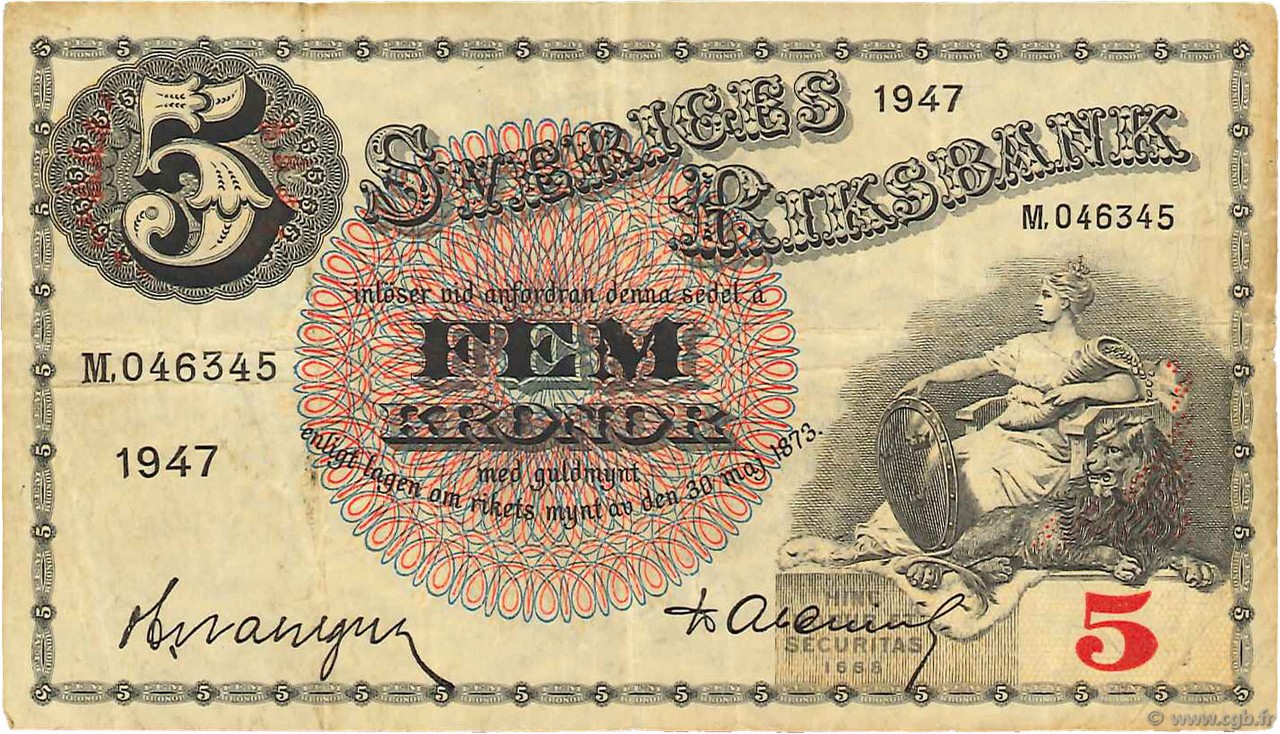 5 Kronor SUÈDE  1947 P.33ad q.BB