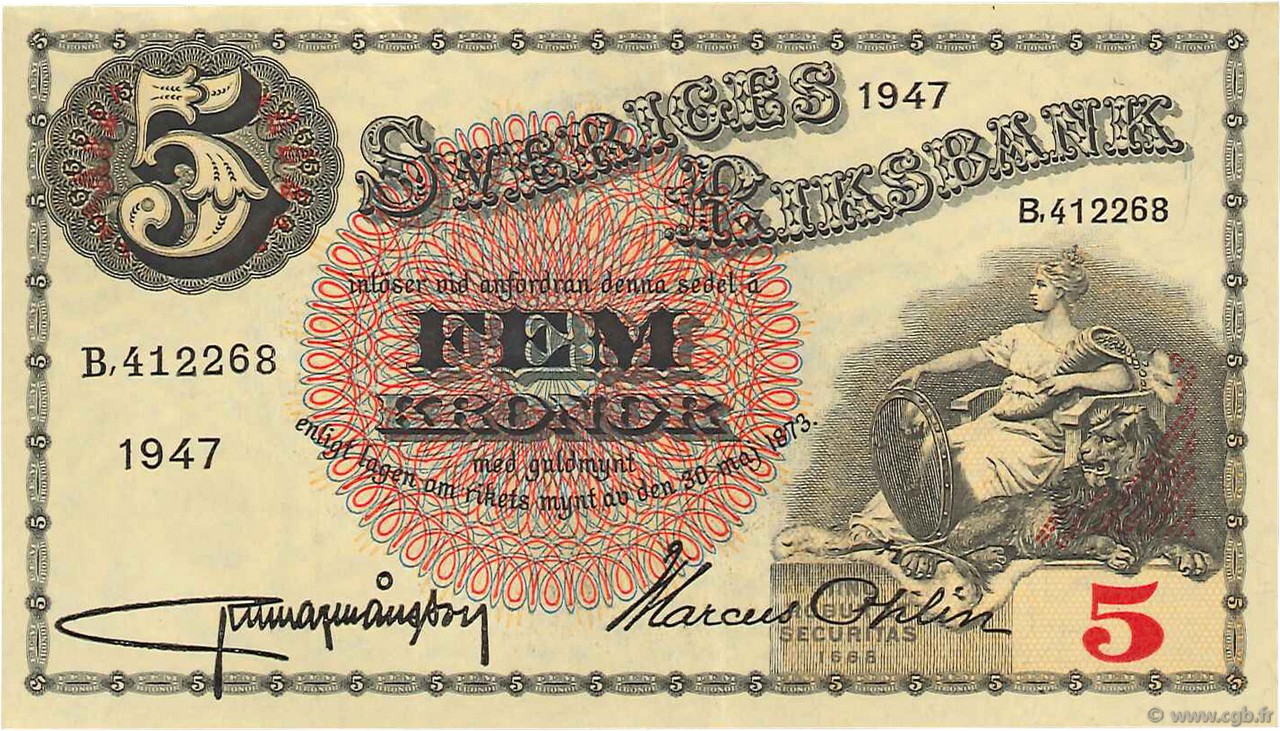 5 Kronor SUÈDE  1947 P.33ad XF+