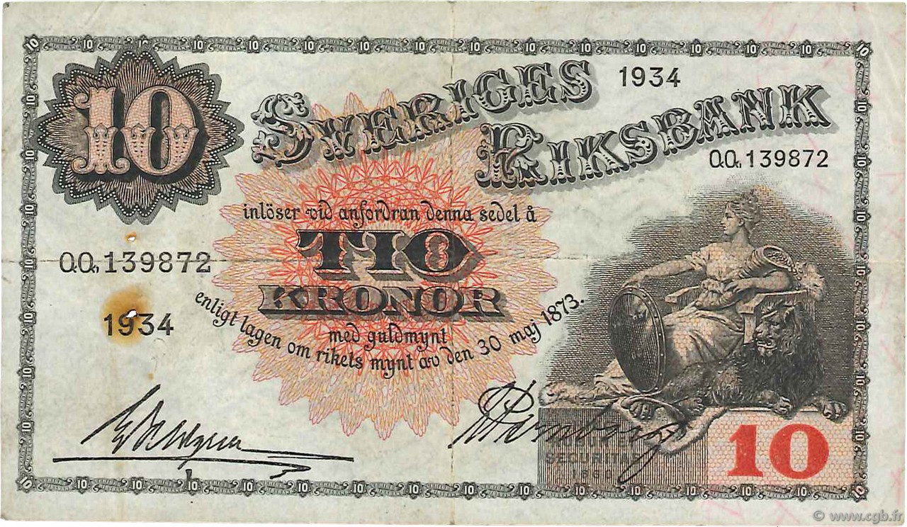 10 Kronor SWEDEN  1934 P.34q VF