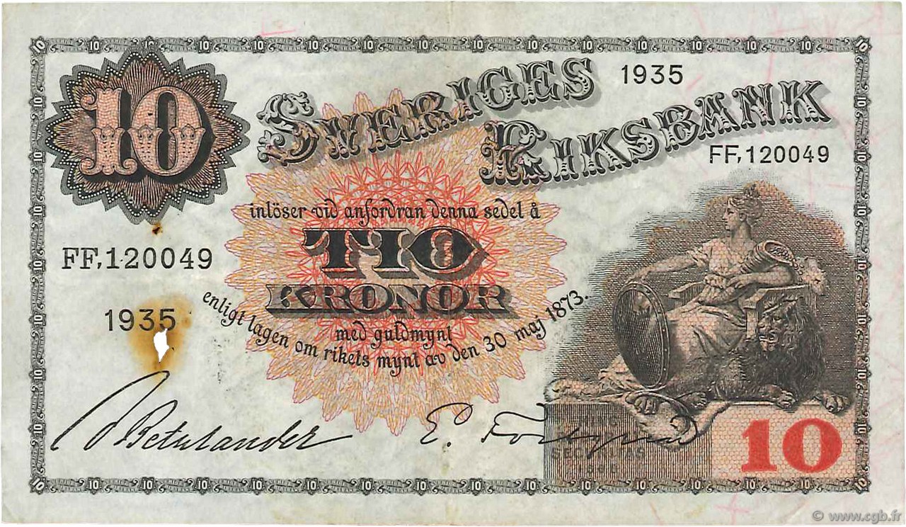 10 Kronor SWEDEN  1935 P.34r VF+