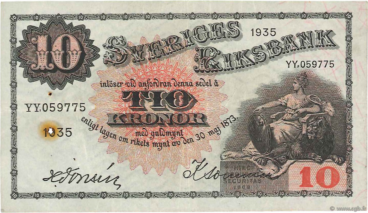 10 Kronor SUÈDE  1935 P.34r VF+