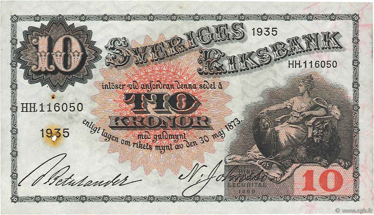 10 Kronor SUÈDE  1935 P.34r fVZ
