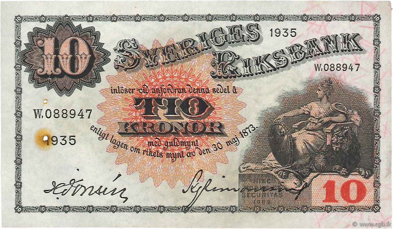 10 Kronor SUÈDE  1935 P.34r fVZ