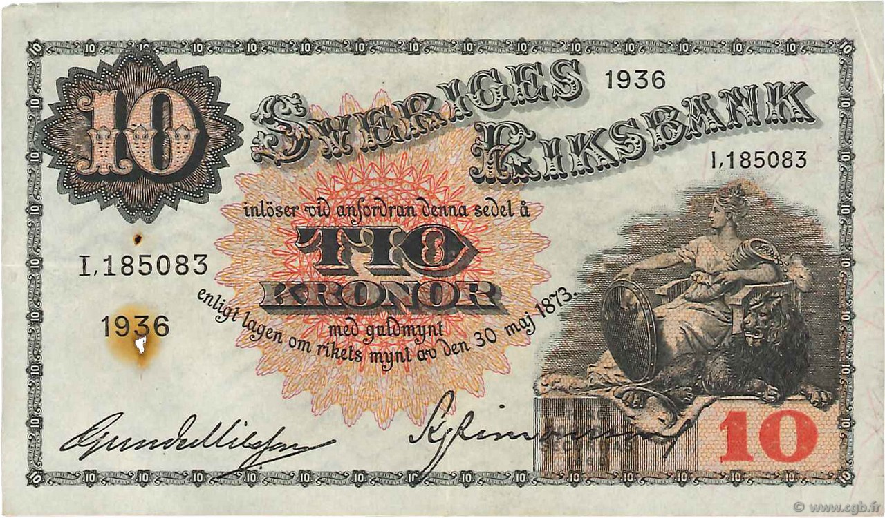10 Kronor SUÈDE  1936 P.34s fVZ