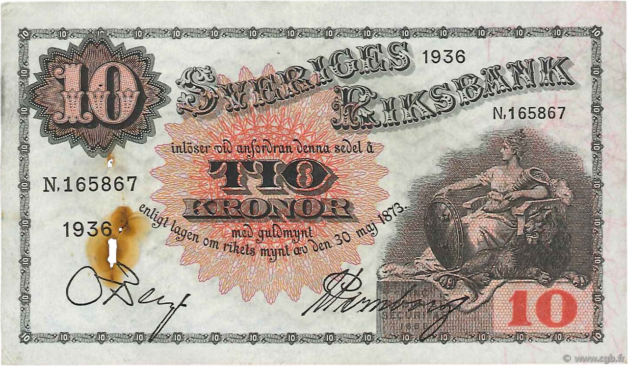 10 Kronor SWEDEN  1936 P.34s VF+