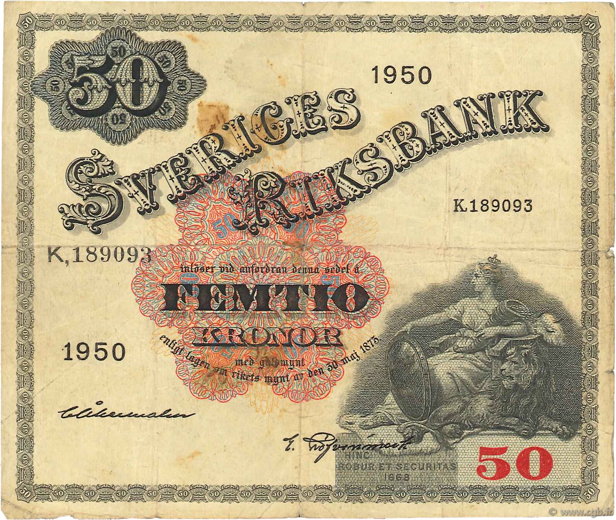 50 Kronor SWEDEN  1950 P.35ae F+