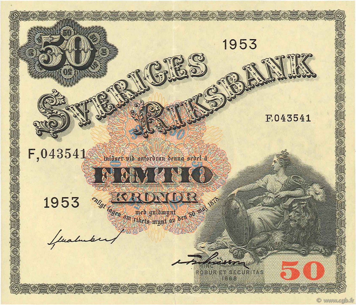 50 Kronor SWEDEN  1953 P.35af XF