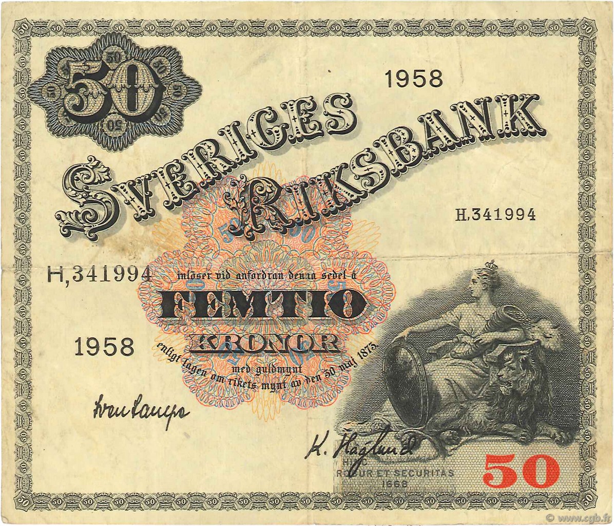 50 Kronor SUÈDE  1958 P.44d VF
