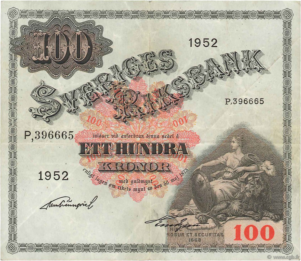 100 Kronor SWEDEN  1952 P.36ah VF+