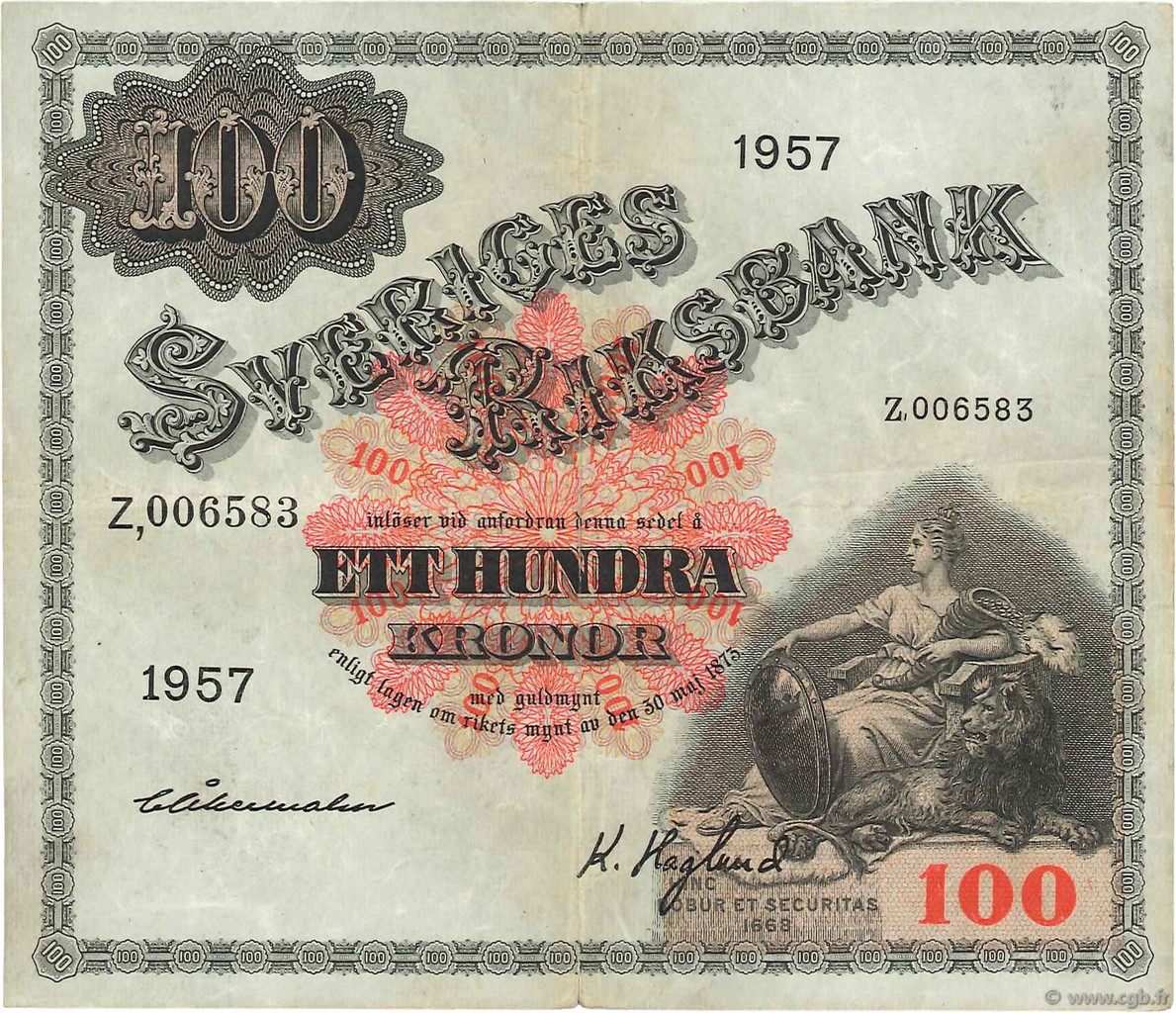 100 Kronor SWEDEN  1957 P.45c VF