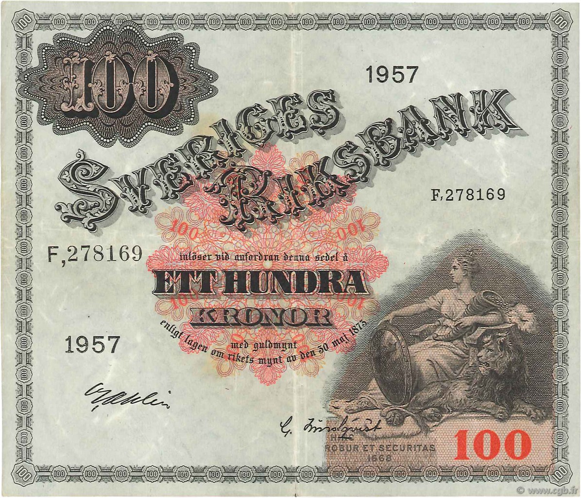 100 Kronor SUÈDE  1957 P.45c fVZ