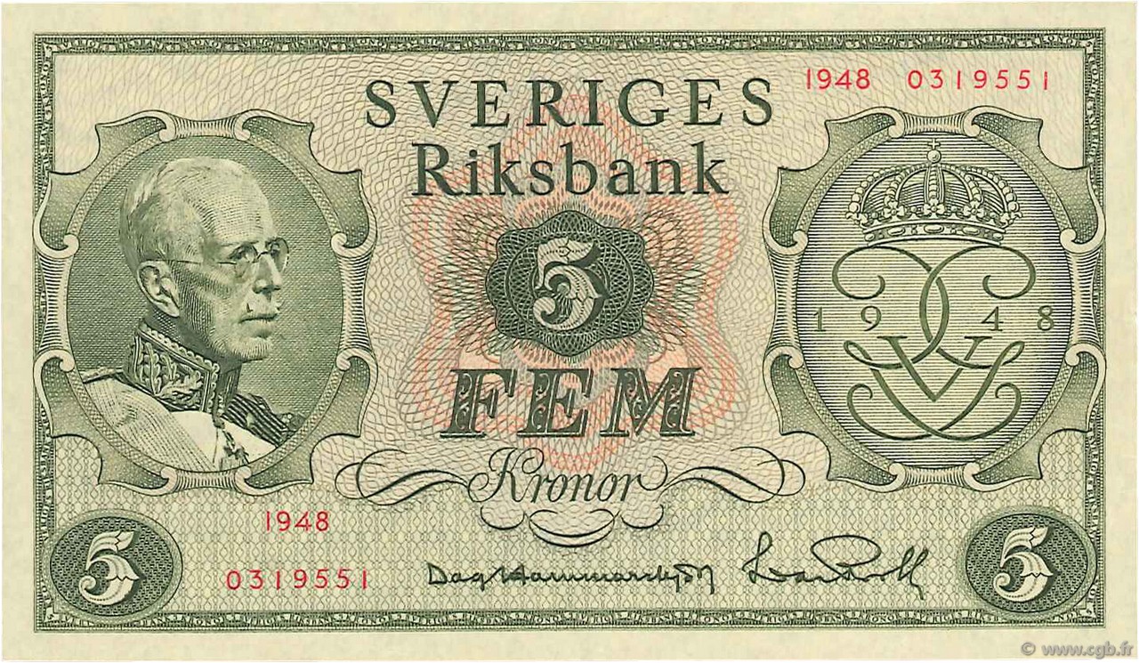 5 Kronor SUÈDE  1948 P.41a fST