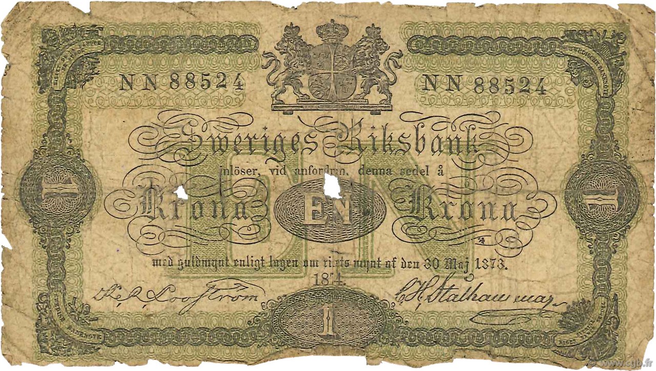 1 Krona SWEDEN  1874 P.01a P