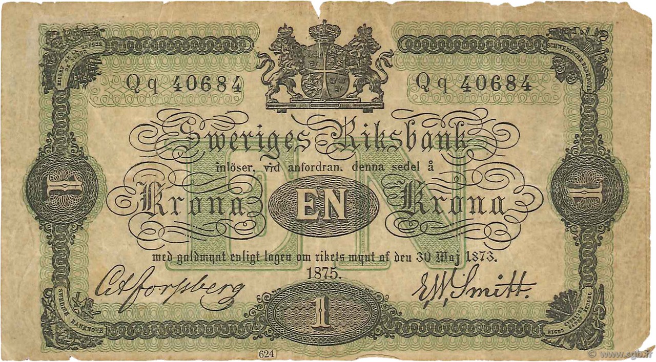 1 Krona SWEDEN  1875 P.01b F-