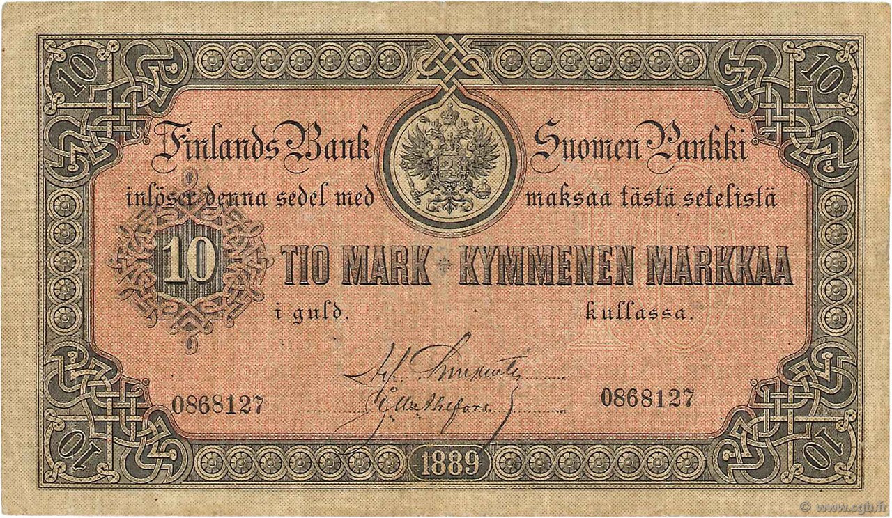 10 Markkaa FINLAND  1889 P.A51 F