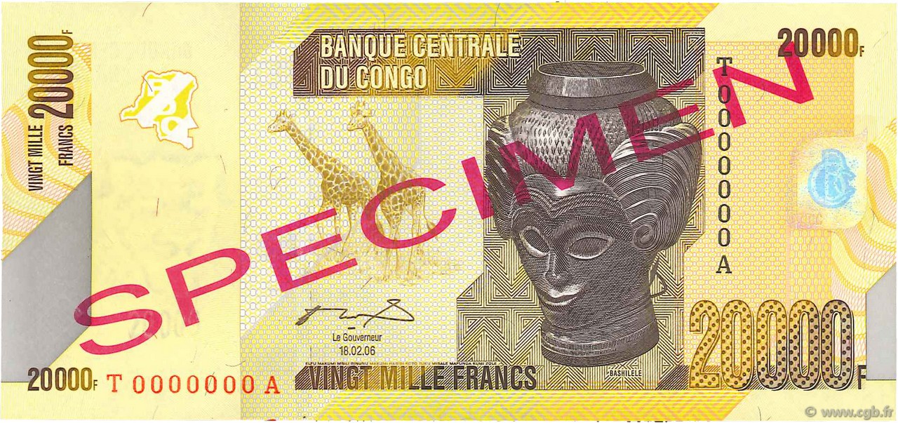 20000 Francs Spécimen REPUBBLICA DEMOCRATICA DEL CONGO  2012 P.104s q.FDC