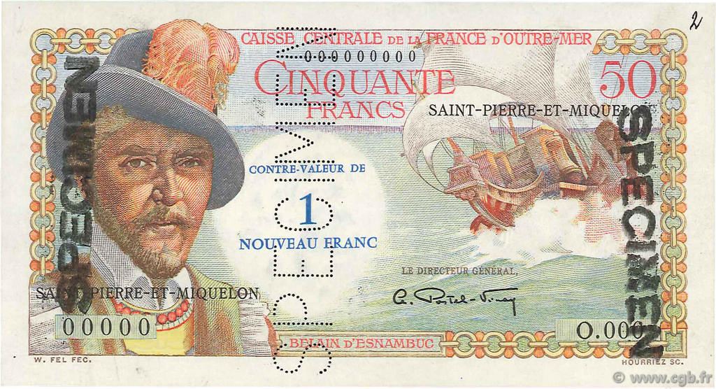 1 NF sur 50 Francs Belain d Esnambuc Spécimen SAINT PIERRE AND MIQUELON  1960 P.31s AU