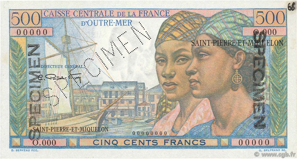 500 Francs Pointe à Pitre Spécimen SAINT PIERRE E MIQUELON  1946 P.27s AU
