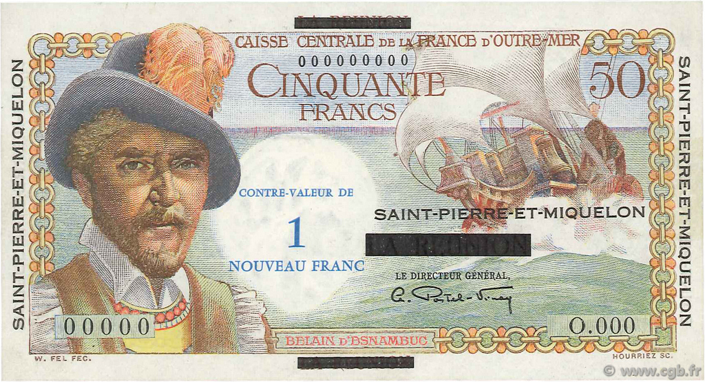 1 NF sur 50 Francs Belain d&nbsp;Esnambuc Spécimen SAINT PIERRE ET MIQUELON  1960 P.30bs SPL
