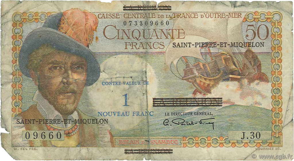 1 NF sur 50 Francs Belain d Esnambuc SAN PEDRO Y MIGUELóN  1960 P.30b RC