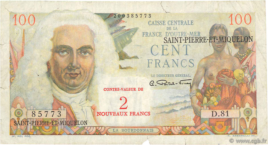 2 NF sur 100 Francs La Bourdonnais SAINT PIERRE E MIQUELON  1960 P.32 MB