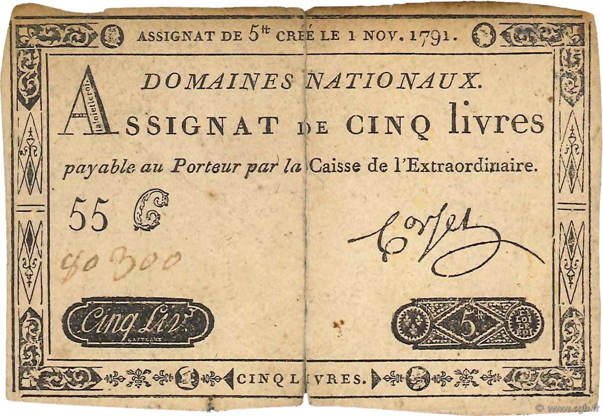 5 Livres FRANCE  1791 Ass.20a F