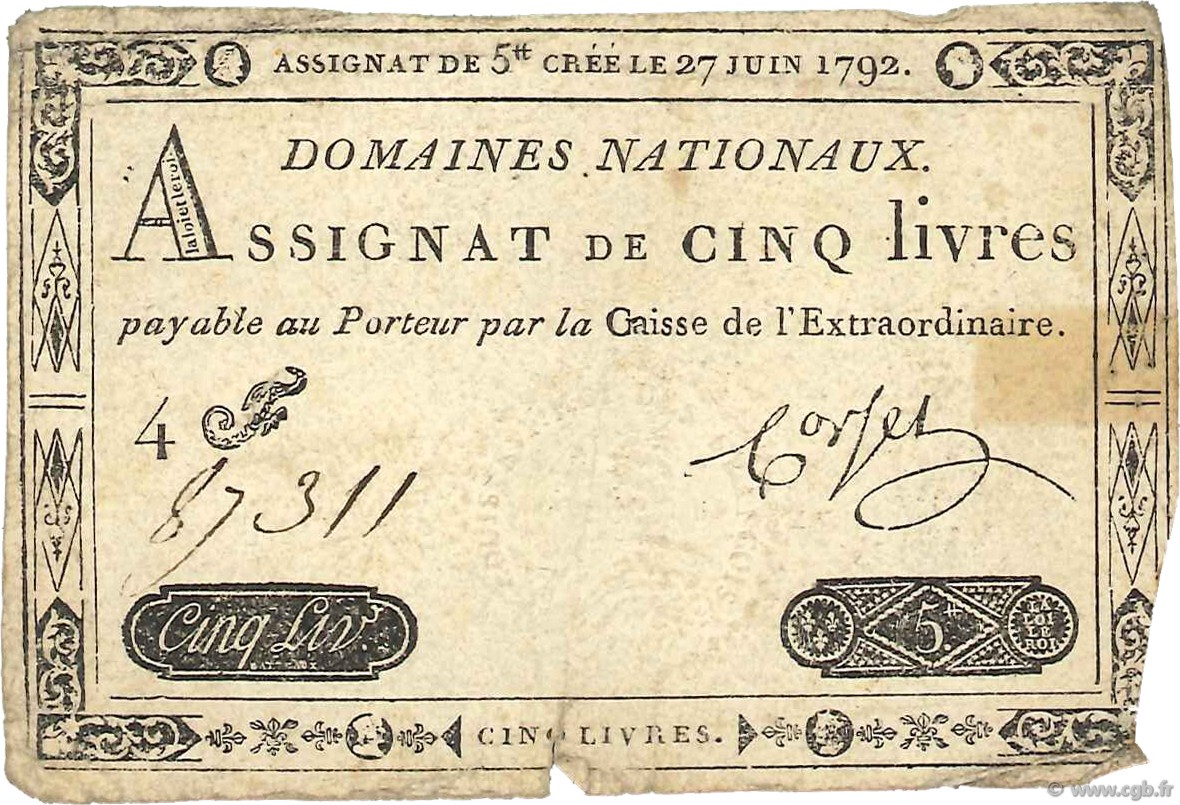 5 Livres FRANCIA  1792 Ass.30a MB