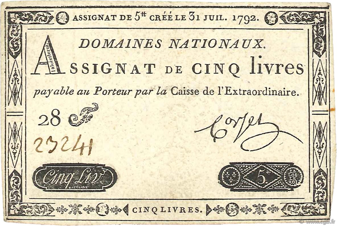5 Livres FRANCE  1792 Ass.31a XF