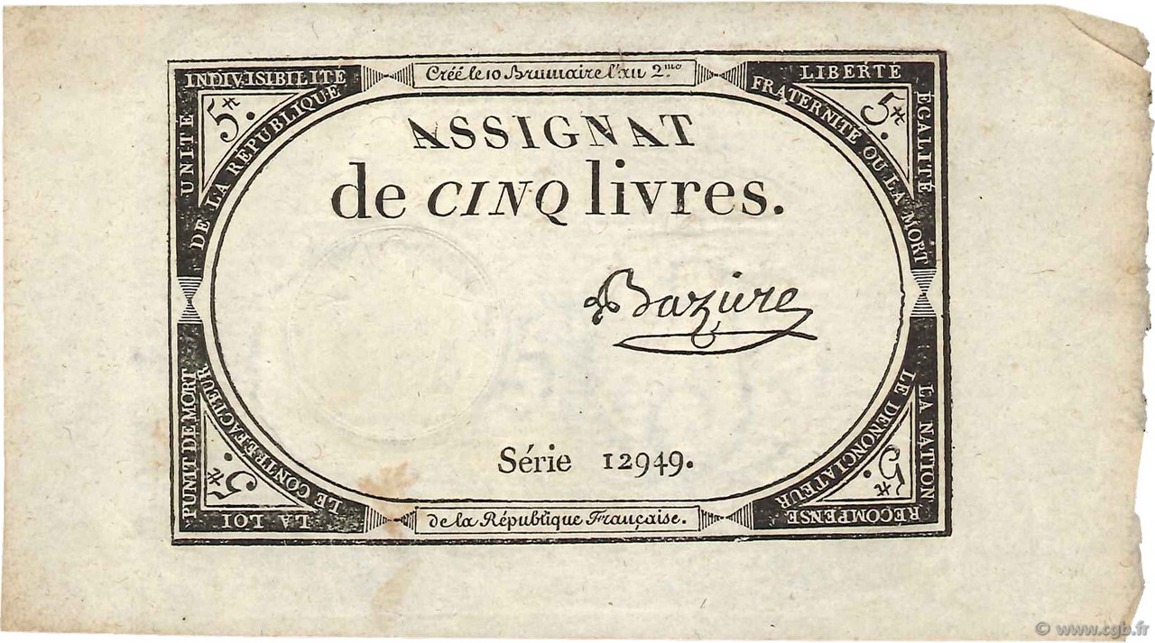 5 Livres FRANCIA  1793 Ass.46a SPL