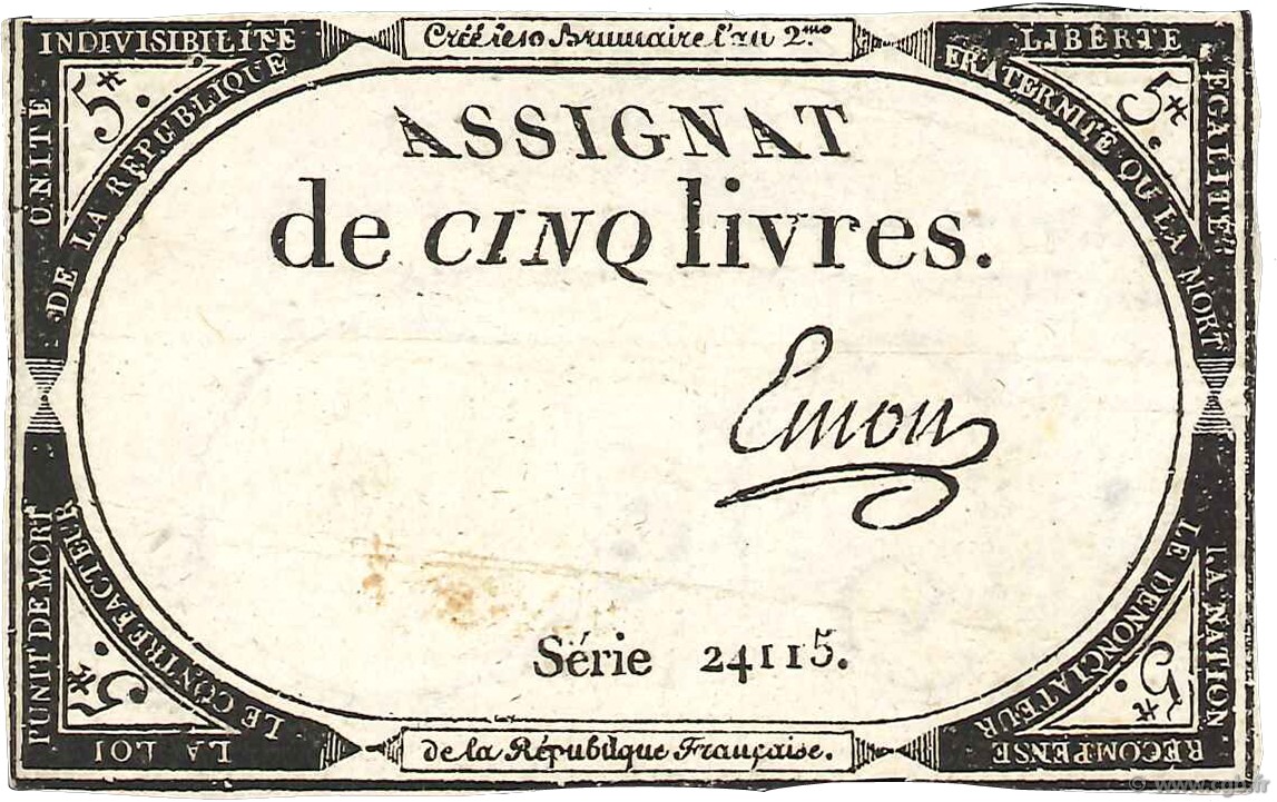 5 Livres FRANCE  1793 Ass.46a VF