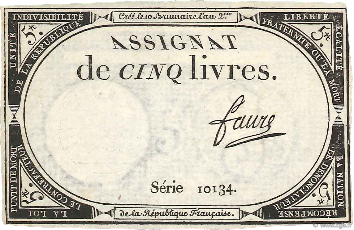 5 Livres FRANCE  1793 Ass.46a XF