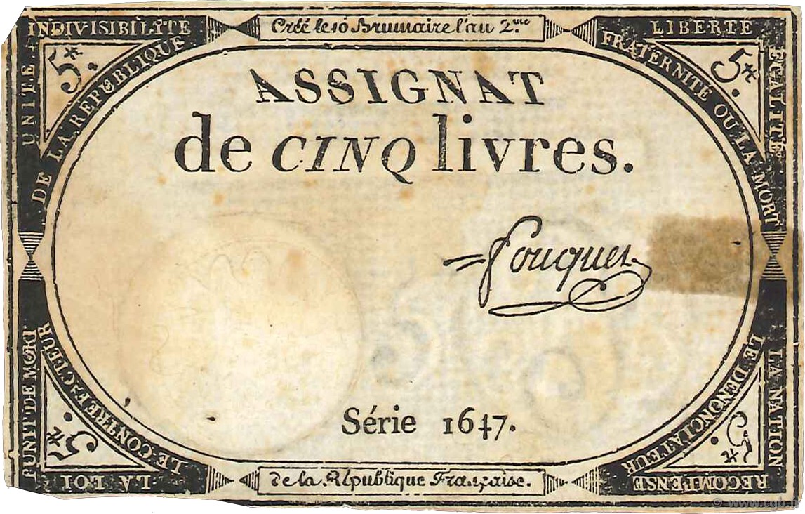 5 Livres FRANCE  1793 Ass.46a TB