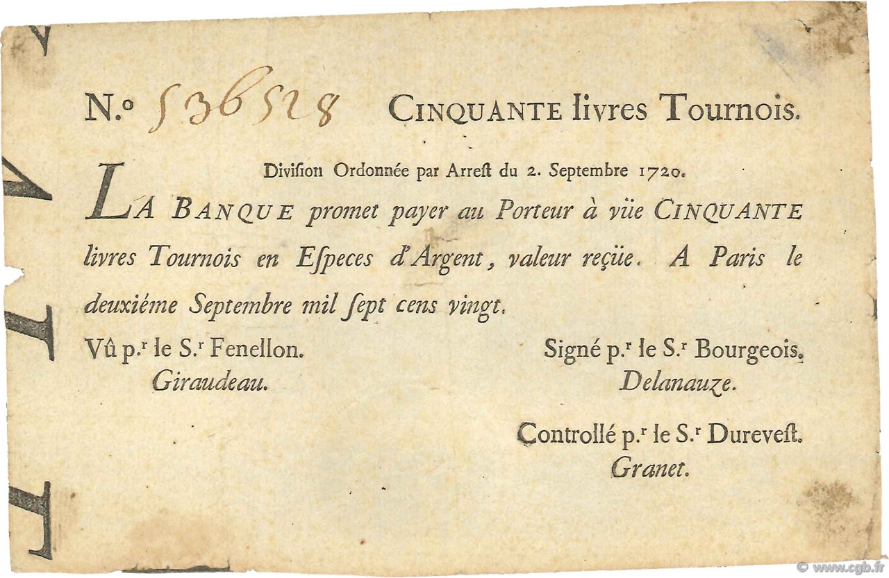 50 Livres Tournois typographié FRANCIA  1720 Dor.24 q.BB