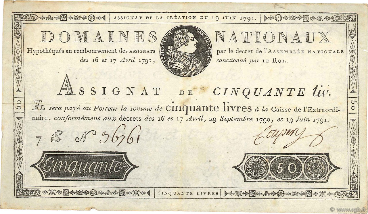 50 Livres FRANCE  1791 Ass.13a TTB