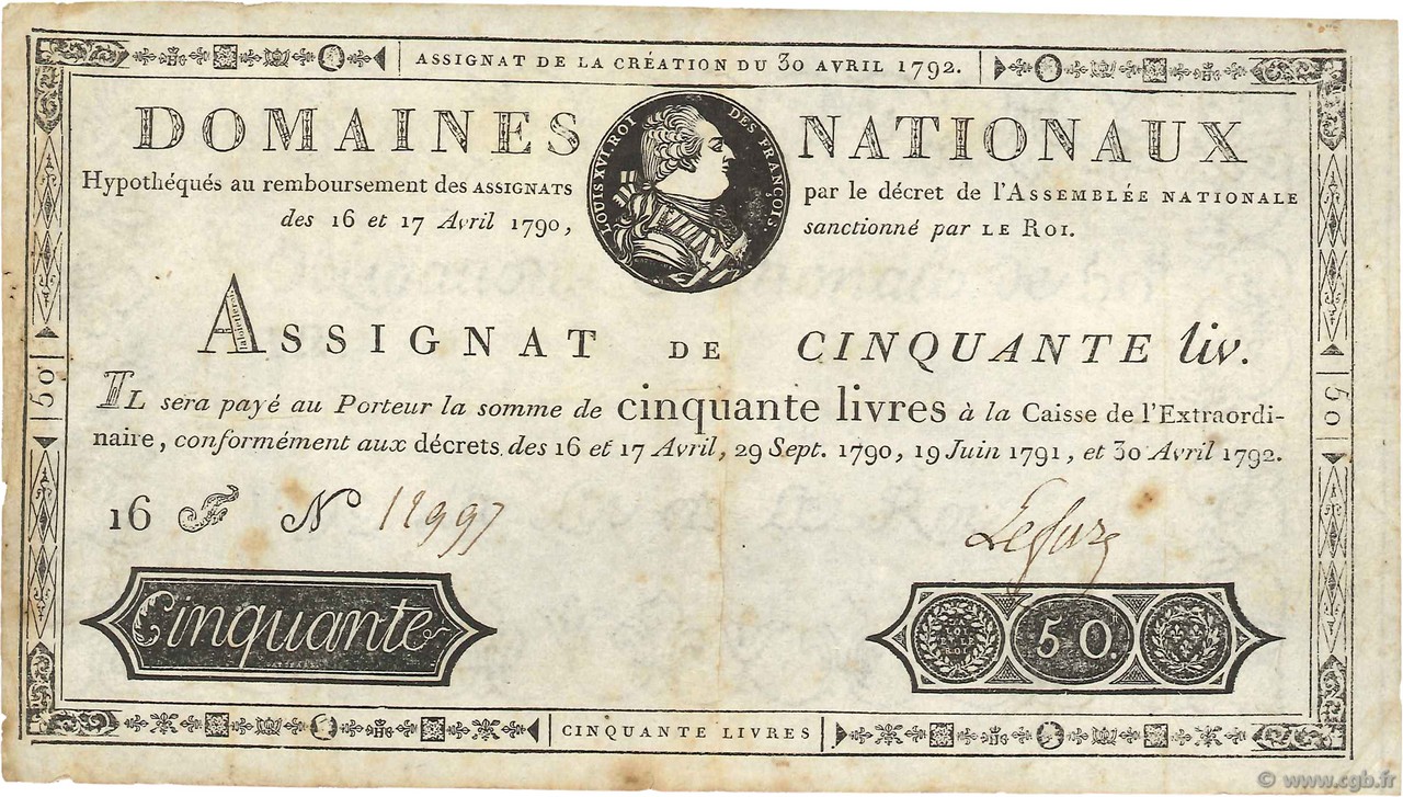 50 Livres FRANCE  1792 Ass.28a F - VF