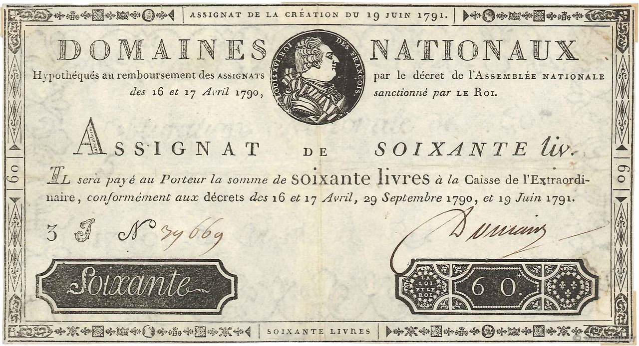 60 Livres FRANCE  1791 Ass.14a pr.TTB