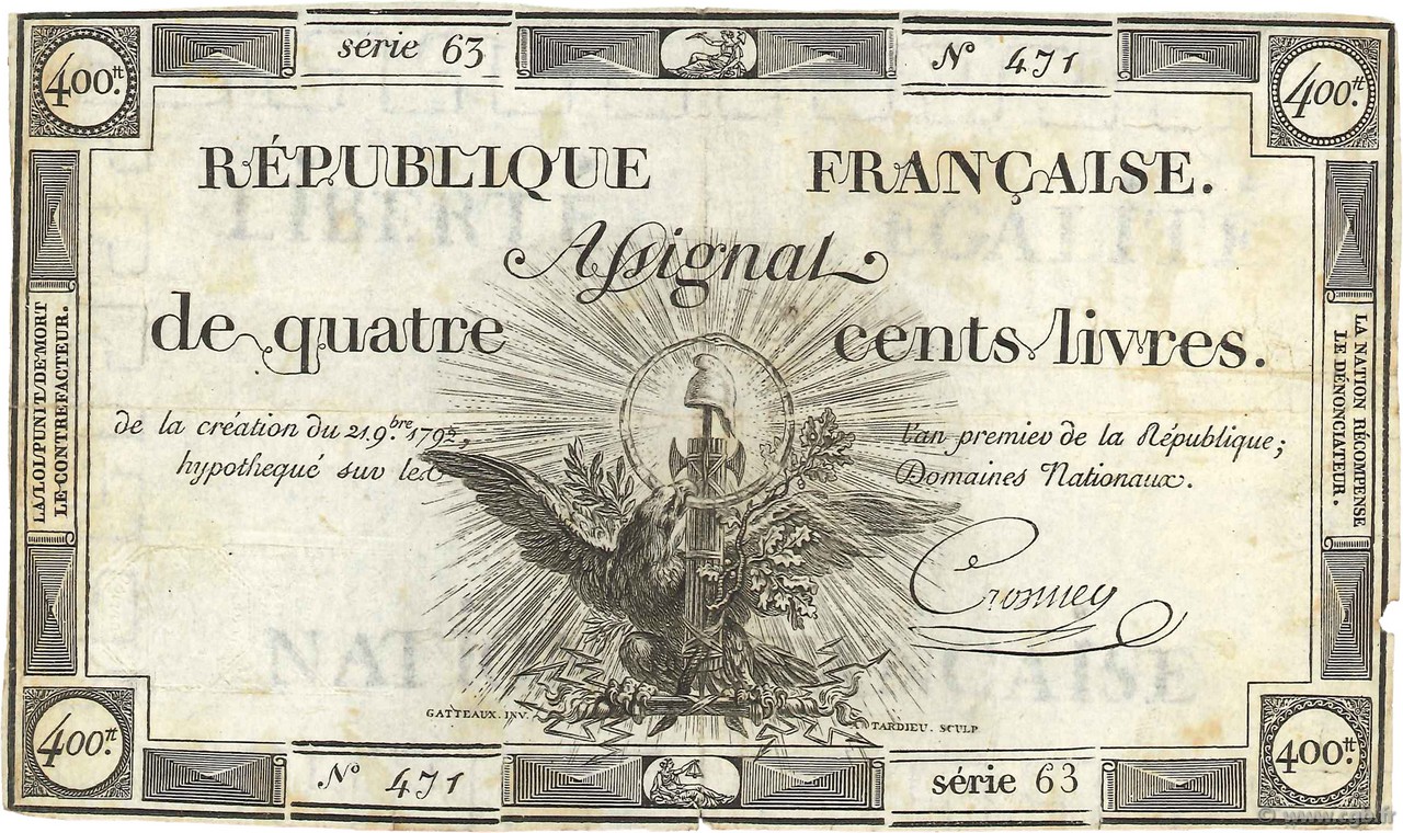 400 Livres FRANCE  1792 Ass.38a TB+