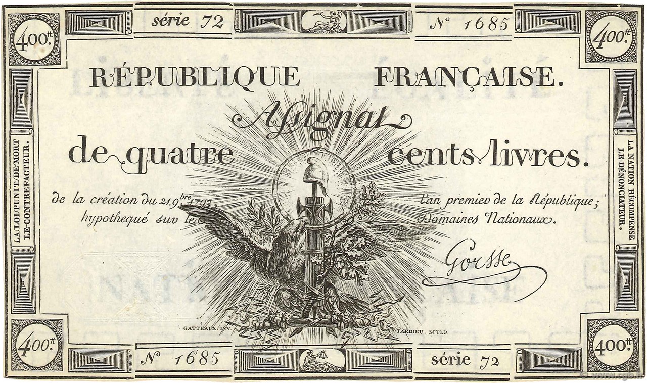 400 Livres FRANKREICH  1792 Ass.38a VZ
