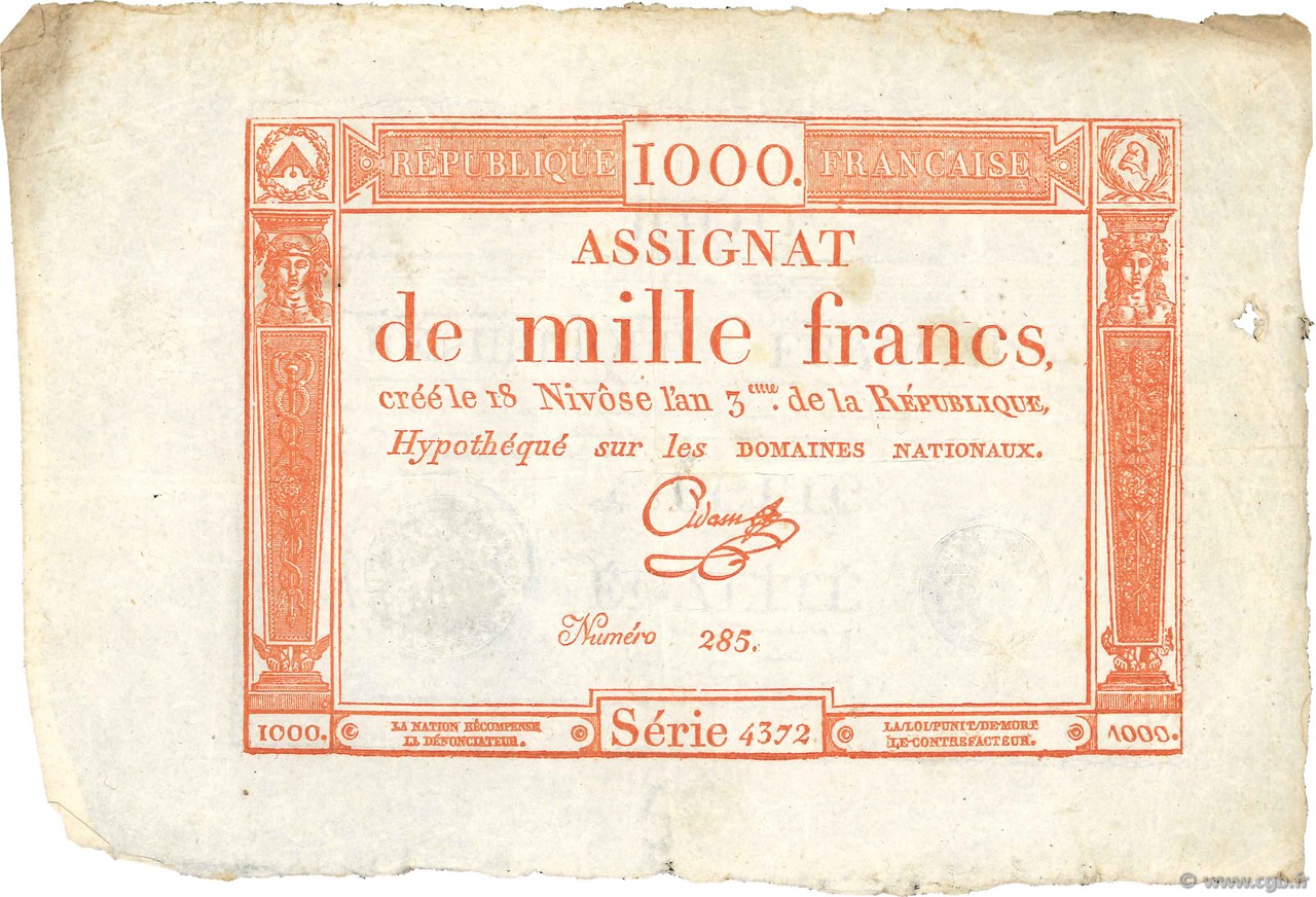 1000 Francs FRANCIA  1795 Ass.50a MBC