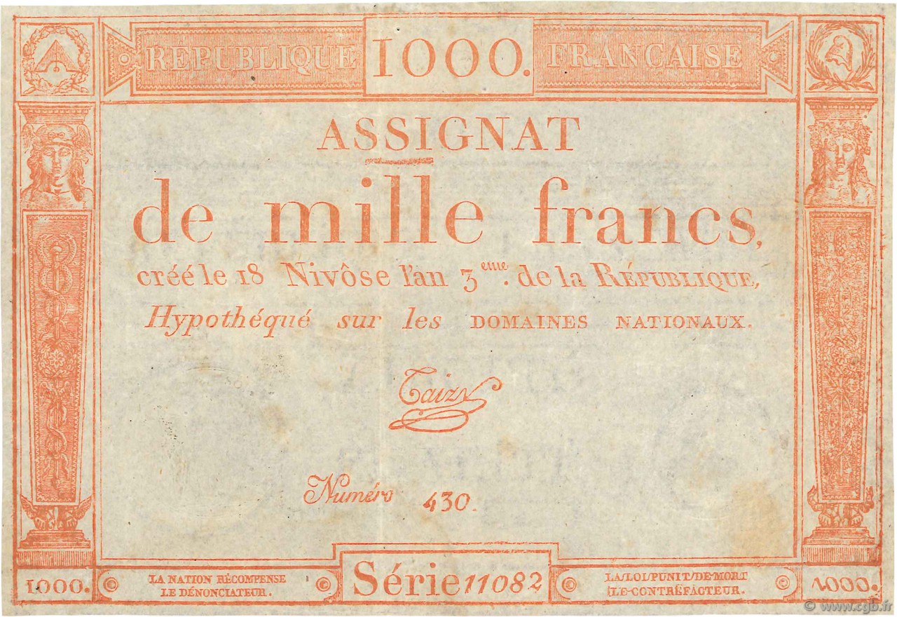 1000 Francs FRANCE  1795 Ass.50a F+