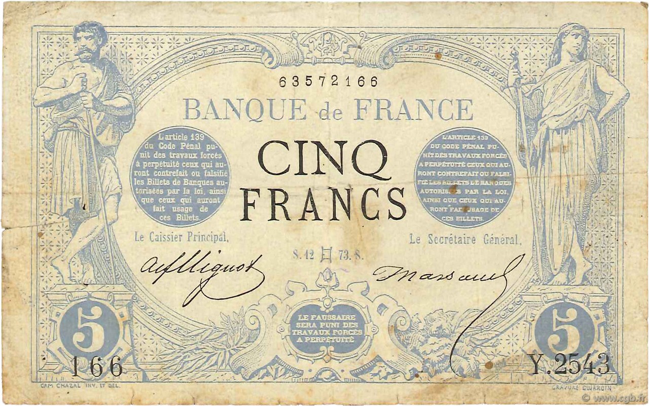 5 Francs NOIR FRANCE  1873 F.01.18 pr.TB