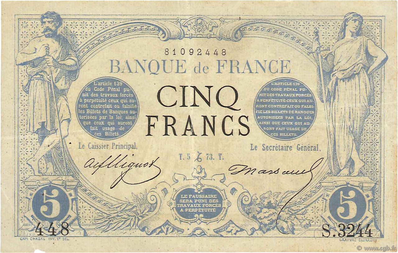 5 Francs NOIR FRANCE  1873 F.01.24 VF