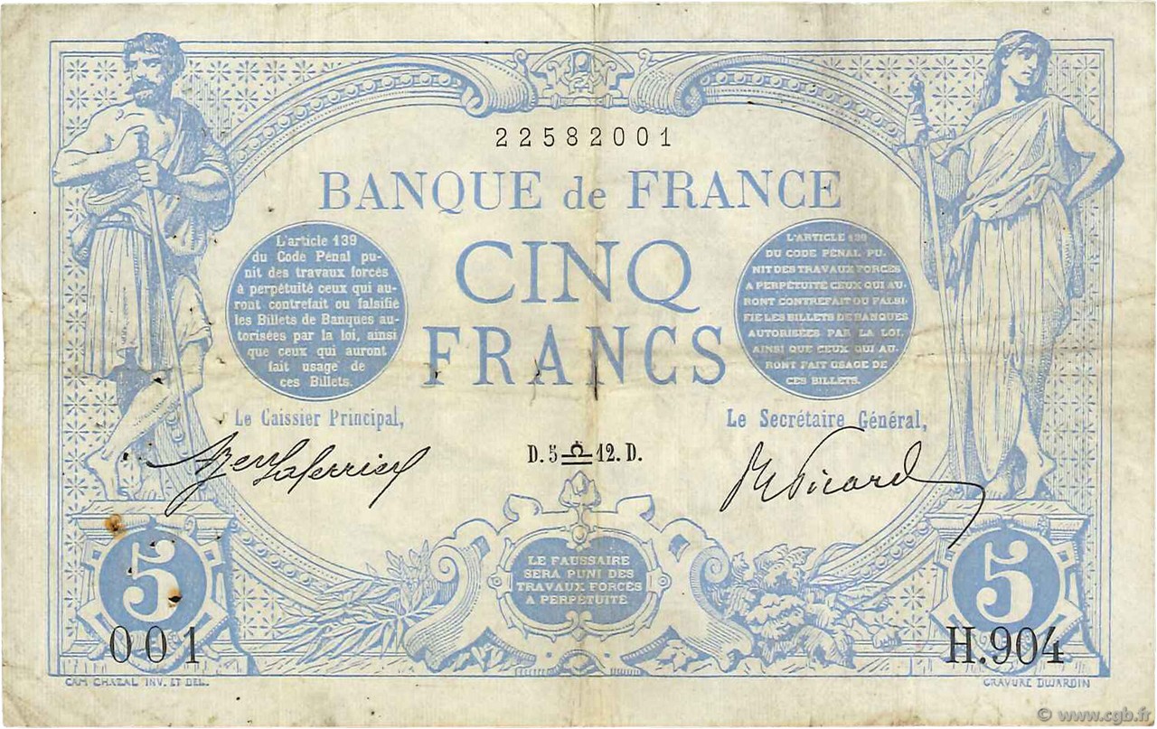 5 Francs BLEU FRANCIA  1912 F.02.09 q.MB