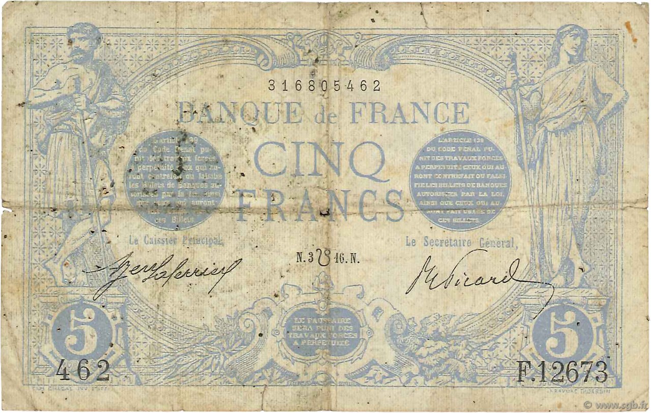 5 Francs BLEU lion inversé FRANCIA  1916 F.02bis.04 q.MB