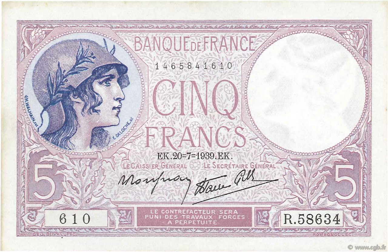 5 Francs FEMME CASQUÉE modifié FRANCE  1939 F.04.02 SUP+