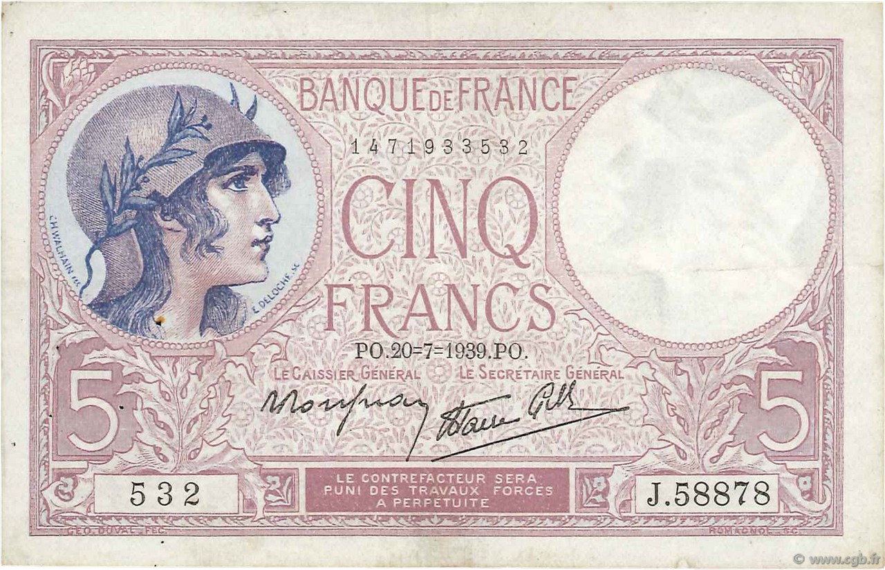 5 Francs FEMME CASQUÉE modifié FRANCE  1939 F.04.02 VF