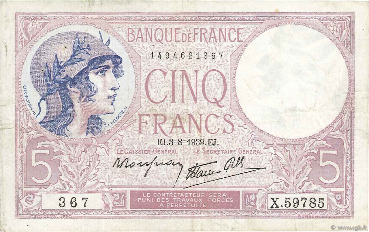 5 Francs FEMME CASQUÉE modifié FRANCE  1939 F.04.04 TTB