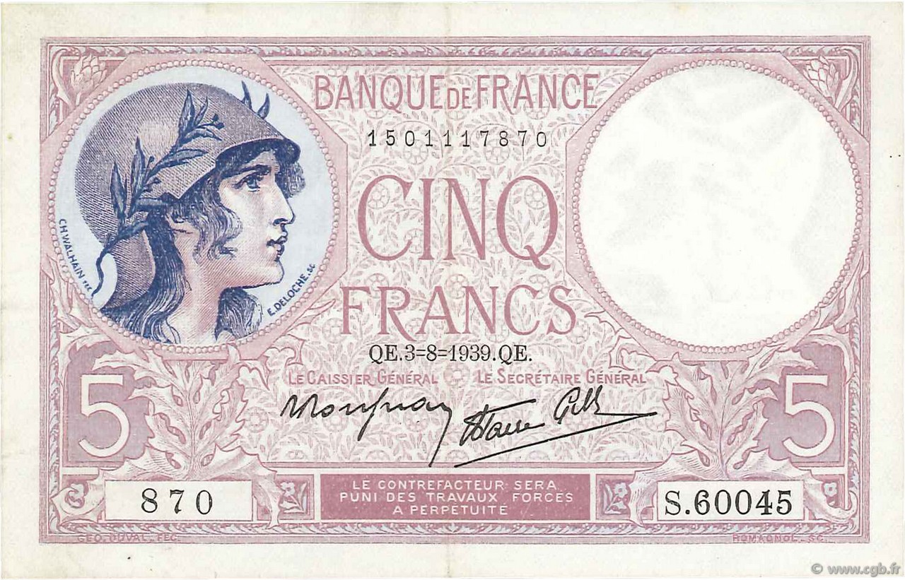 5 Francs FEMME CASQUÉE modifié FRANCE  1939 F.04.04 TTB+