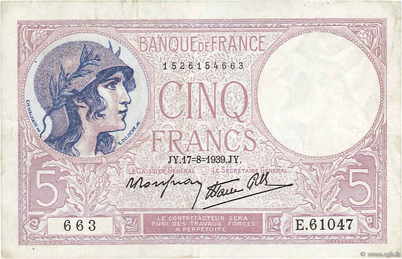 5 Francs FEMME CASQUÉE modifié FRANKREICH  1939 F.04.06 SS