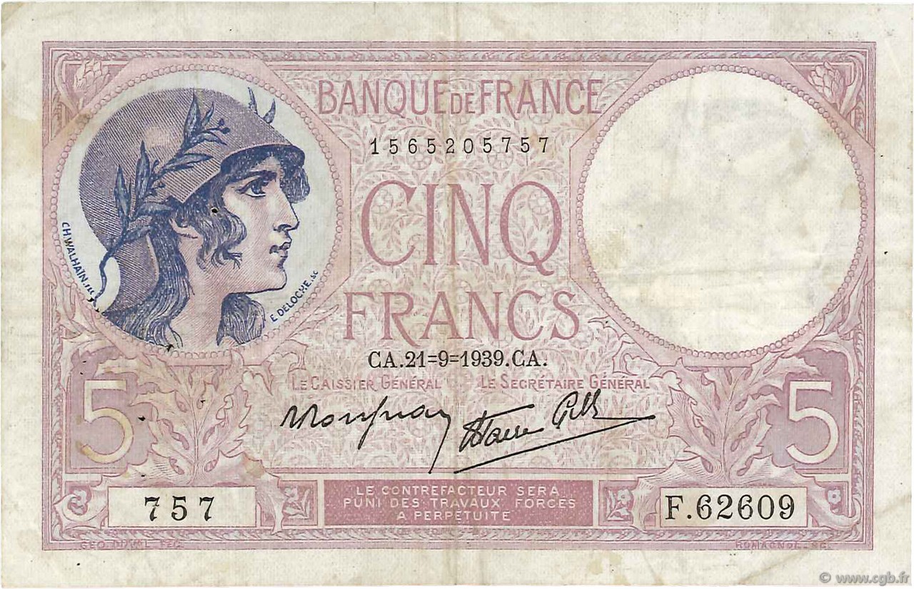 5 Francs FEMME CASQUÉE modifié Numéro radar FRANCIA  1939 F.04.09 MBC
